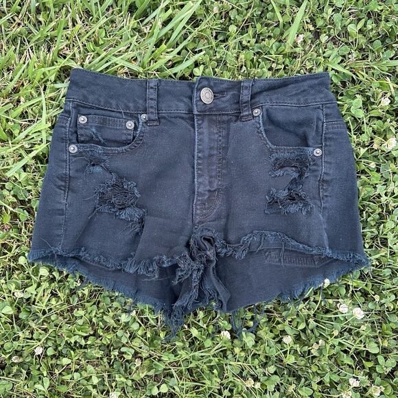 American Eagle Shorts Womens Size 4‎ Black Denim Jean Distressed Cutoff Short - Picture 1 of 6